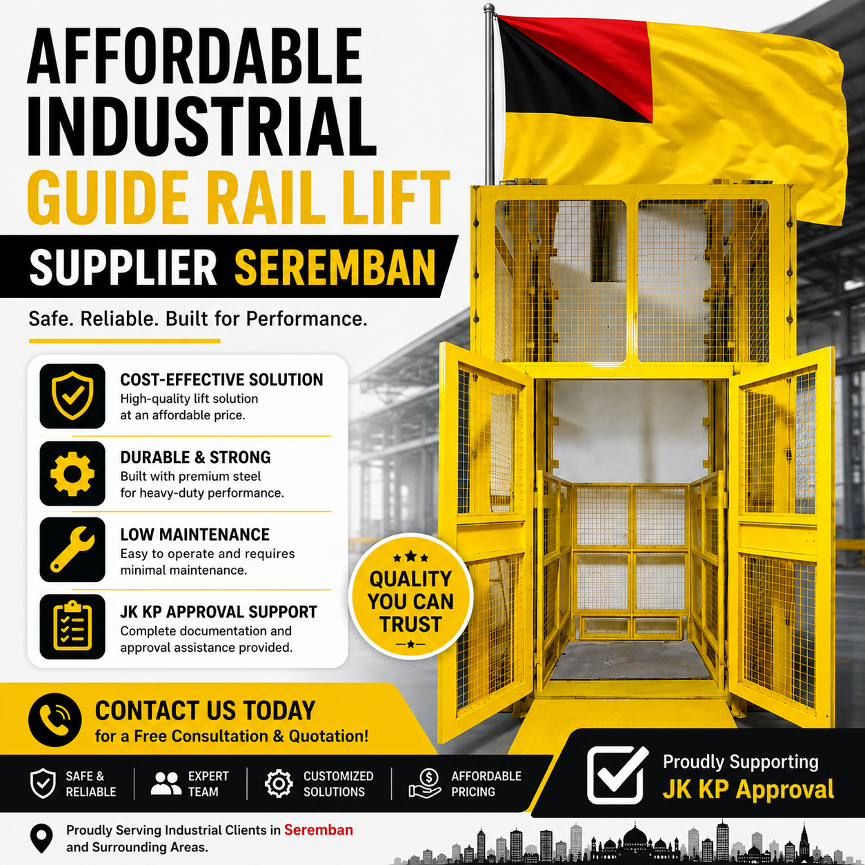 Affordable Industrial Guide Rail Lift Supplier Seremban with JKKP Approval